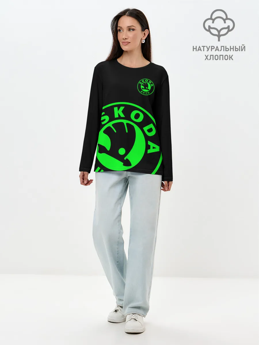 Лонгслив женский. Хлопок / SKODA GREEN LOGO BLACK STYLE