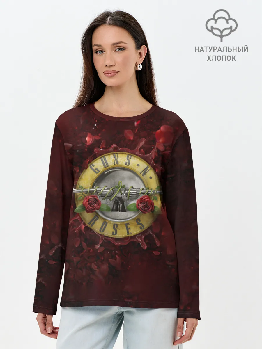 Лонгслив женский. Хлопок / Лого GNR в розах
