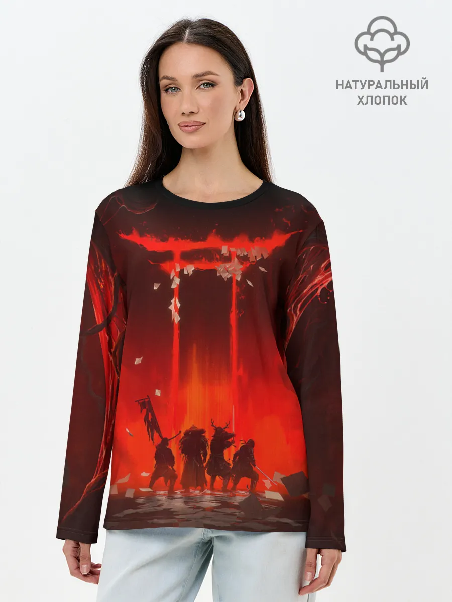 Лонгслив женский. Хлопок / GHOST OF TSUSHIMA САМУРИ В ОГНЕ