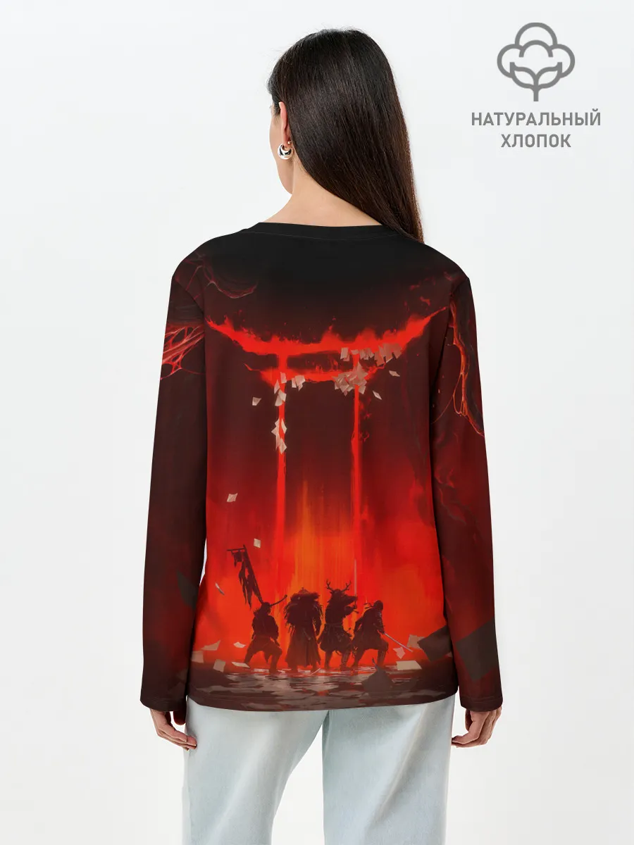 Лонгслив женский. Хлопок / GHOST OF TSUSHIMA САМУРИ В ОГНЕ