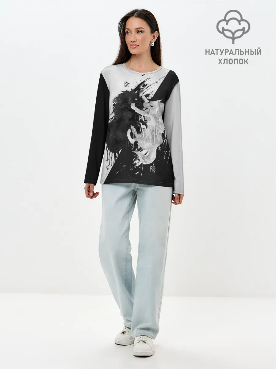 Лонгслив женский. Хлопок / ИНЬ ЯНЬ ВОЛКИ ЧЁРНО БЕЛЫЙ