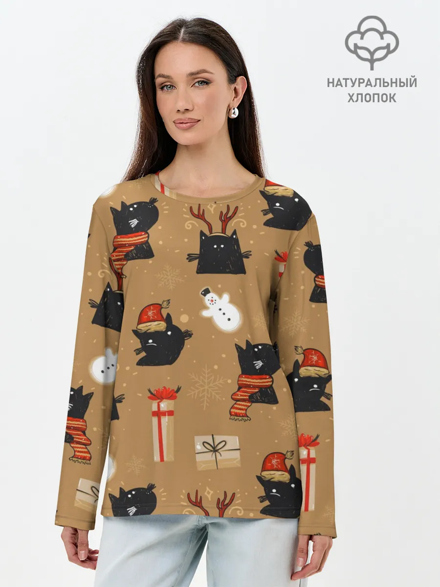 Лонгслив женский. Хлопок / Черные новогодние коты