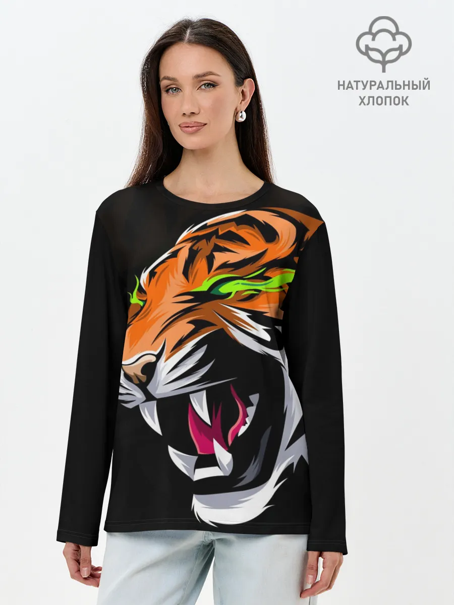 Лонгслив женский. Хлопок / Тигр, с зелеными глазами