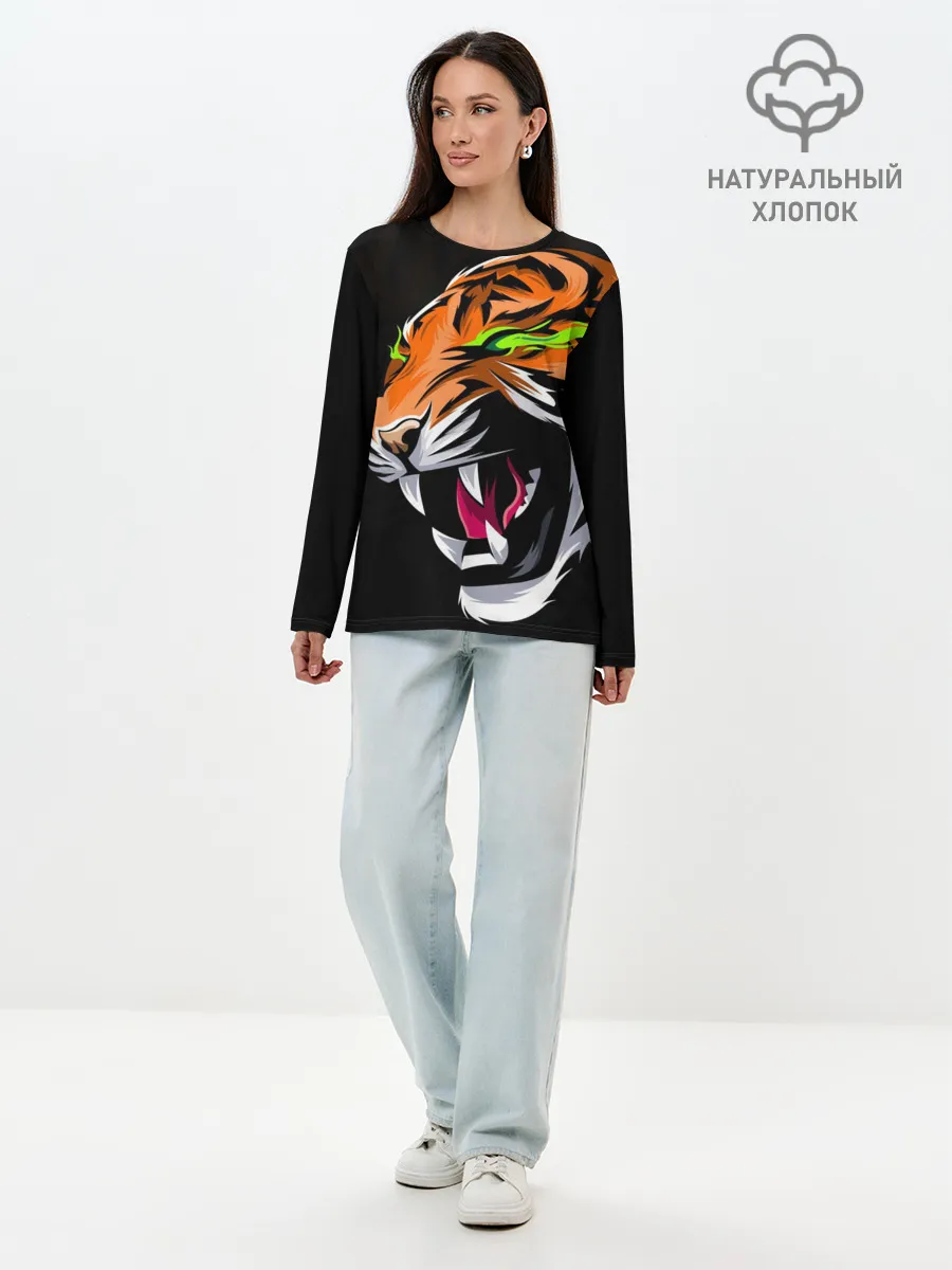 Лонгслив женский. Хлопок / Тигр, с зелеными глазами