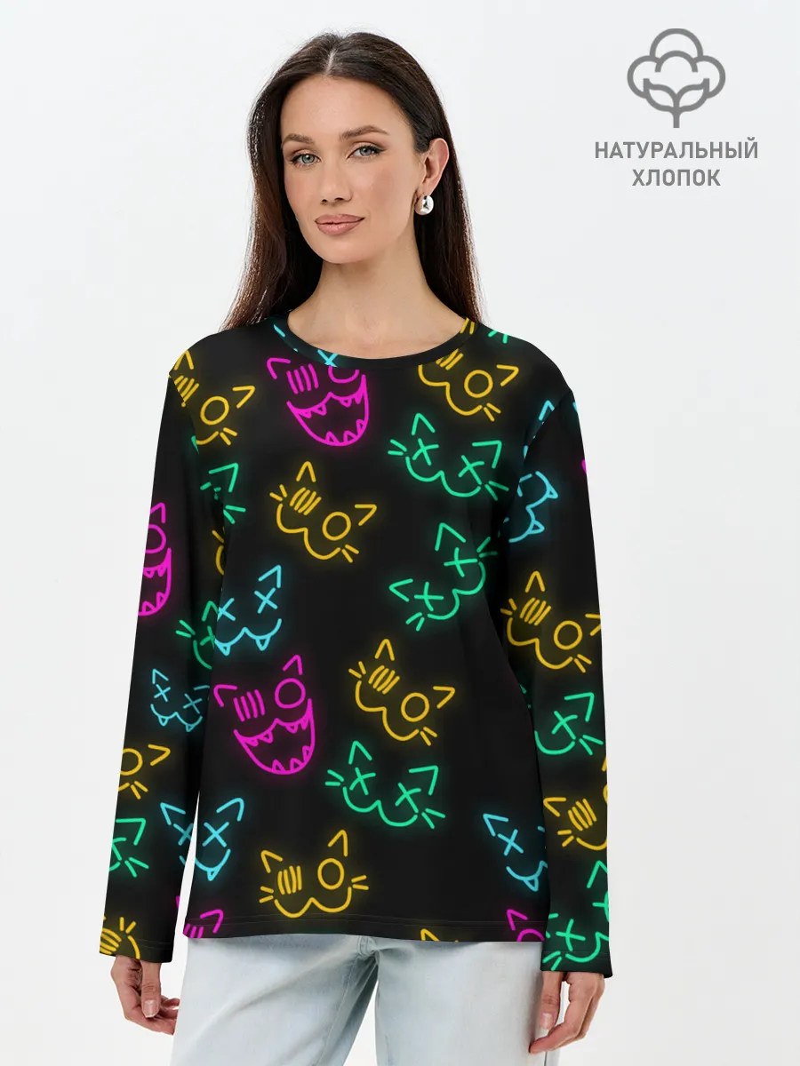 Лонгслив женский. Хлопок / НЕОНОВЫЕ КОТИКИ / NEON FACES CATS