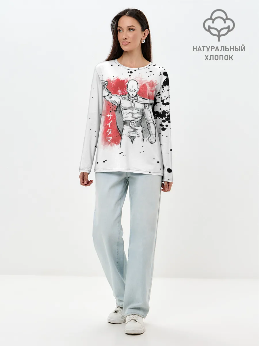 Лонгслив женский. Хлопок / One Punch-Man черные брызги Сайтама