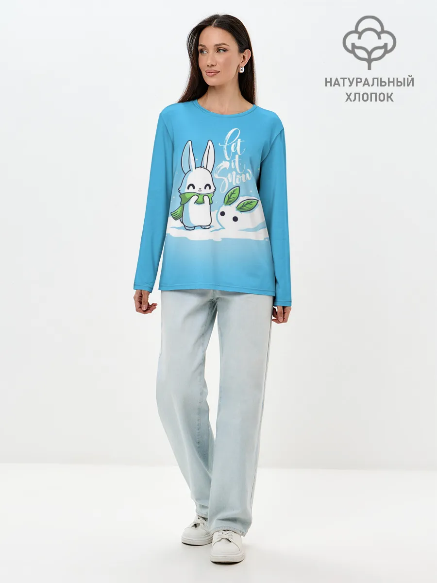 Лонгслив женский. Хлопок / Let it snow. Зайчик и снежок