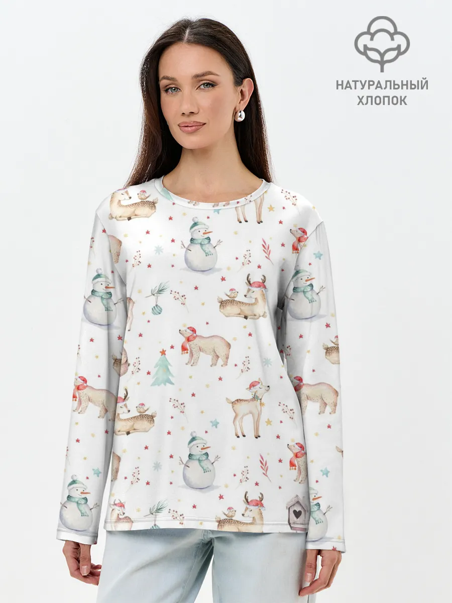 Лонгслив женский. Хлопок / Паттерн с оленями и медведями