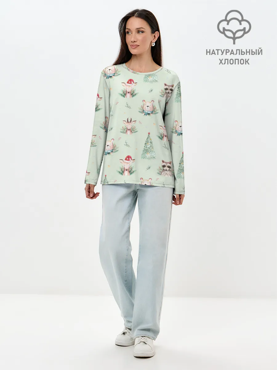 Лонгслив женский. Хлопок / Олени, медведи и еноты