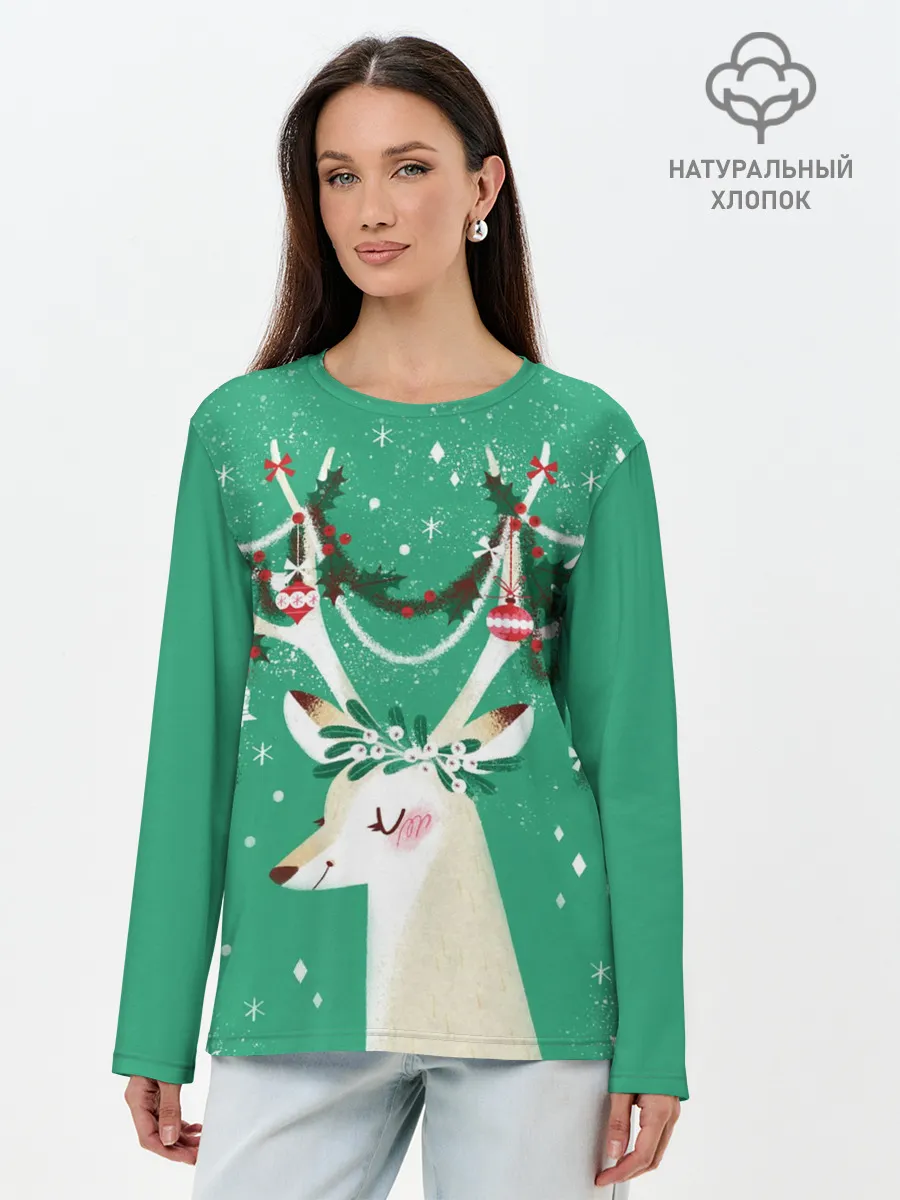Лонгслив женский. Хлопок / Олень. Новый год