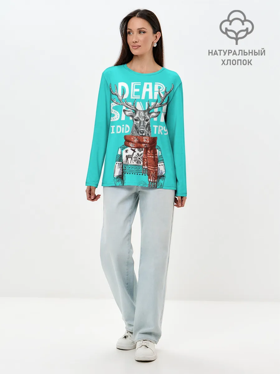 Лонгслив женский. Хлопок / Олень в свитере с оленями