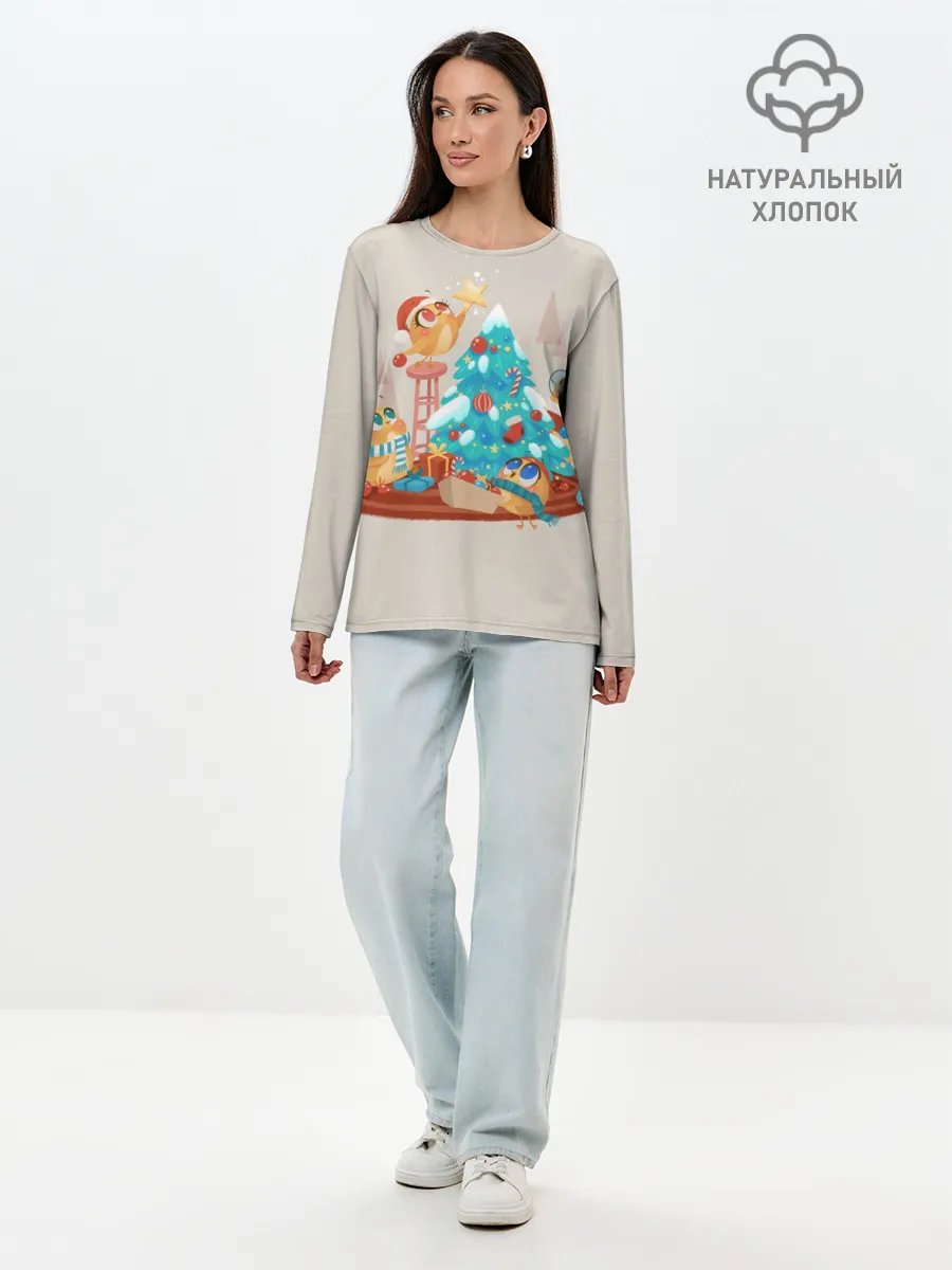 Лонгслив женский. Хлопок / Зверята празднуют новый год