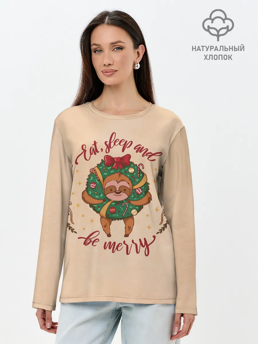 Лонгслив женский. Хлопок / Ленивец Новый год