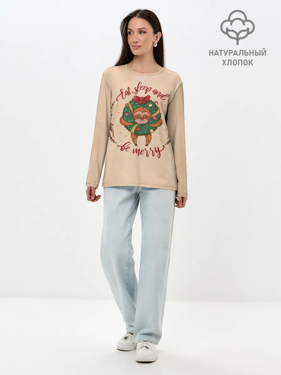 Лонгслив женский. Хлопок / Ленивец Новый год
