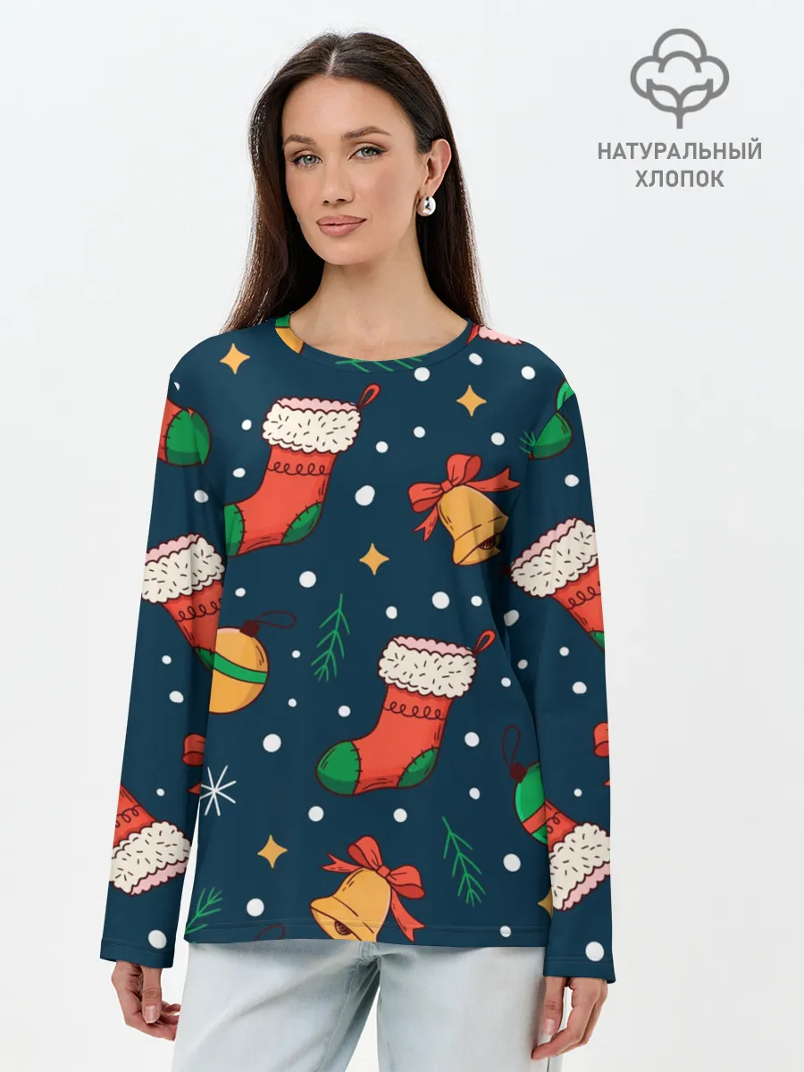 Лонгслив женский. Хлопок / Новогодний, рождественский узор