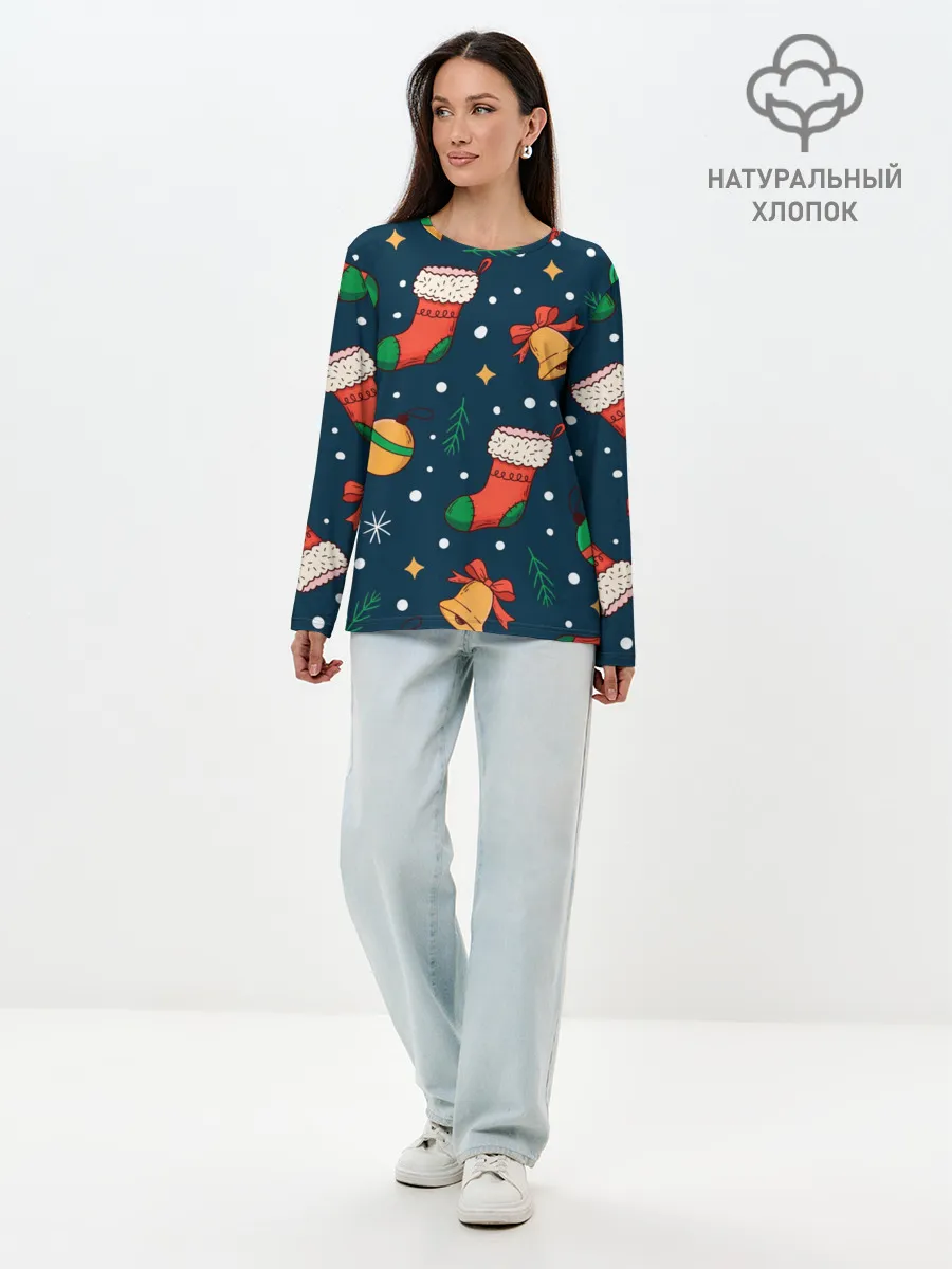 Лонгслив женский. Хлопок / Новогодний, рождественский узор