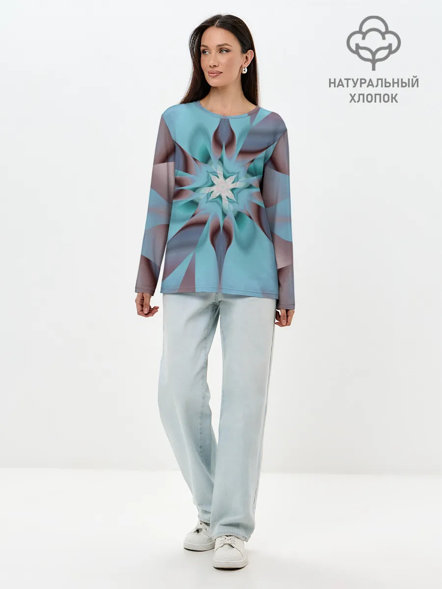 Лонгслив женский. Хлопок / Абстрактный цветок. Голубой.