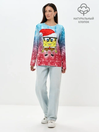 Лонгслив женский. Хлопок / Новогодний Спанч Боб