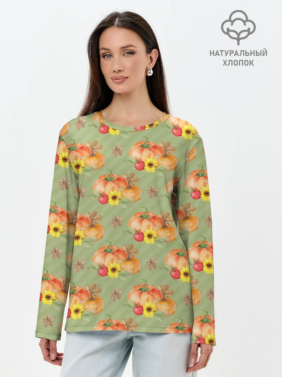 Лонгслив женский. Хлопок / Овощи: Тыквы паттерн