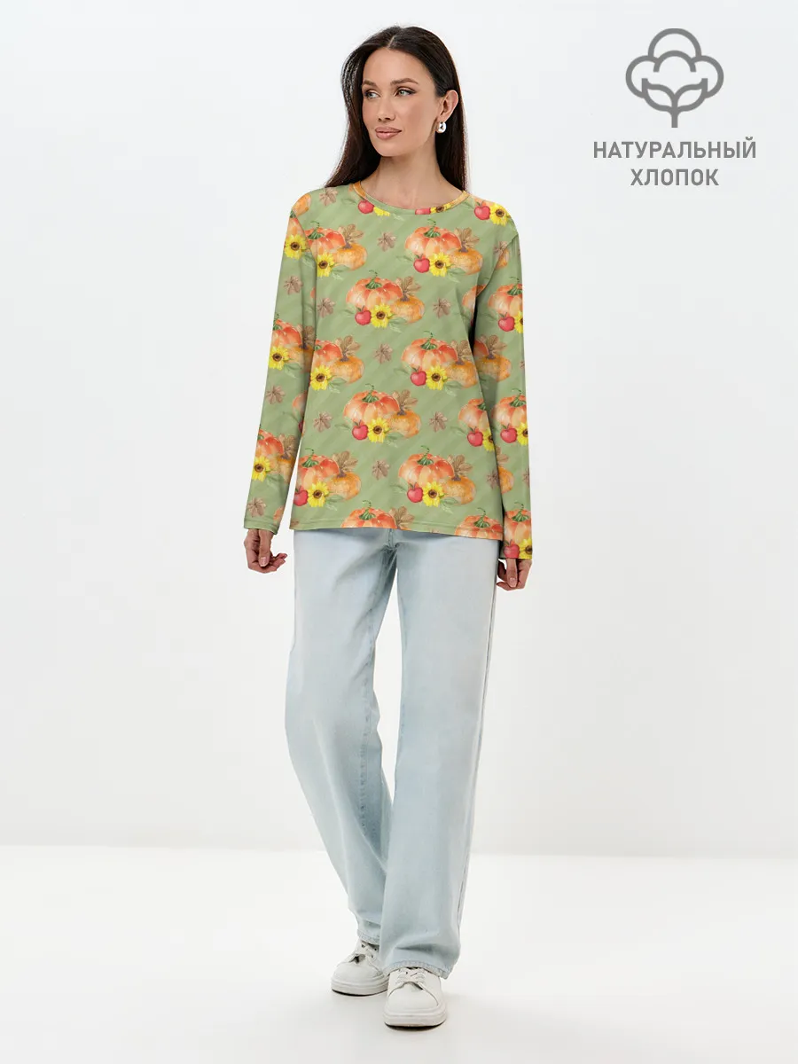 Лонгслив женский. Хлопок / Овощи: Тыквы паттерн