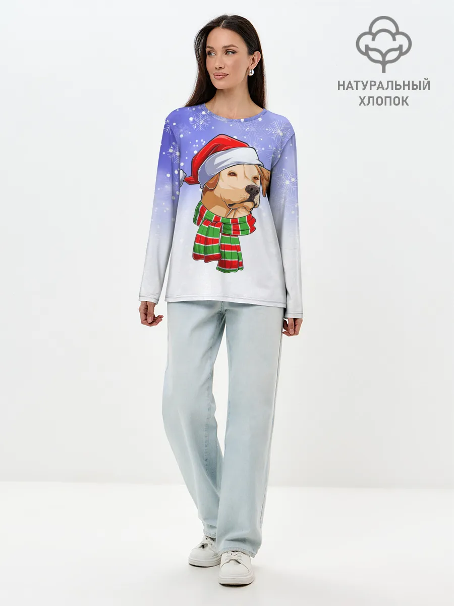 Лонгслив женский. Хлопок / Новогодний Лабрадор / New Years Labrador