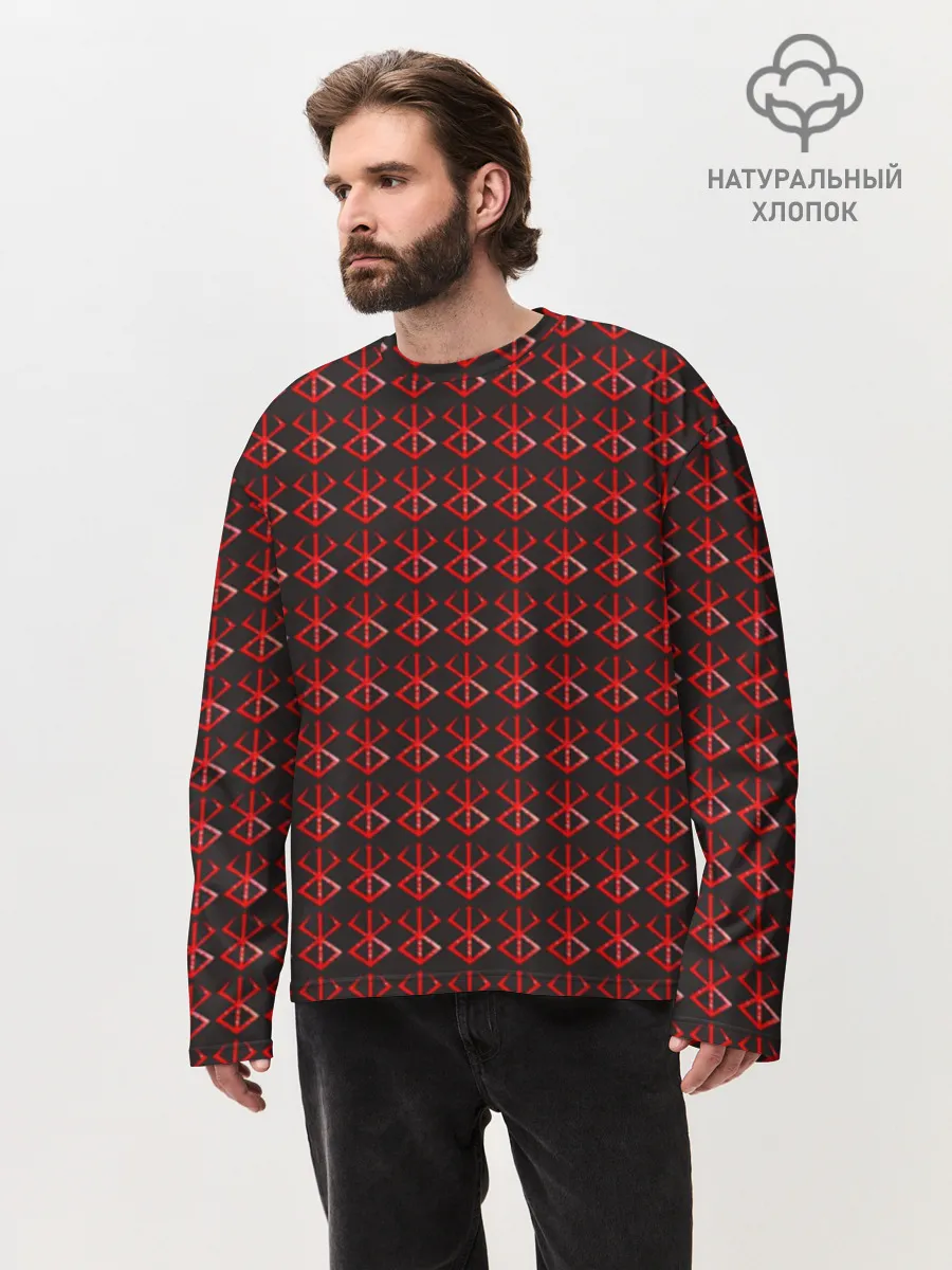 Мужской лонгслив оверсайз хлопок / Красный паттерн