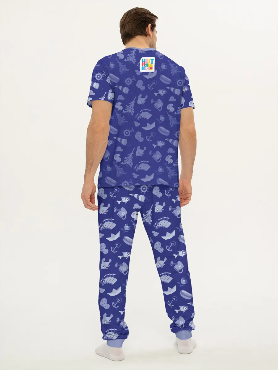 Мужская пижама с брюками / Мужская пижама дизайн P032_WolfyBlue