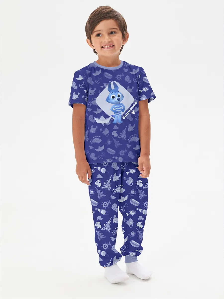Детская пижама с брюками хлопок / Детская пижама дизайн P032_WolfyBlue