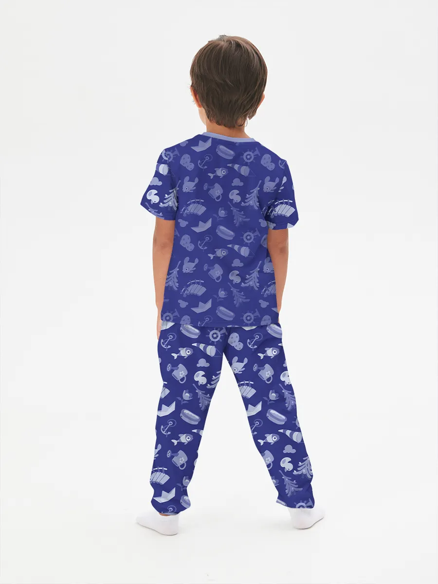 Детская пижама с брюками хлопок / Детская пижама дизайн P032_WolfyBlue