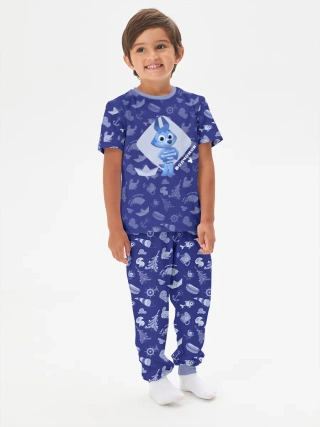 Детская пижама с брюками хлопок / Детская пижама дизайн P032_WolfyBlue