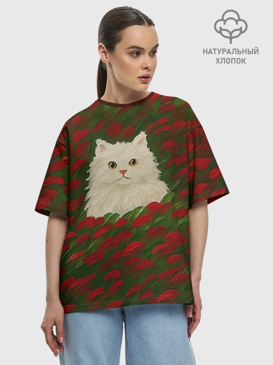 Женская футболка оверсайз хлопок / CatRedGreen
