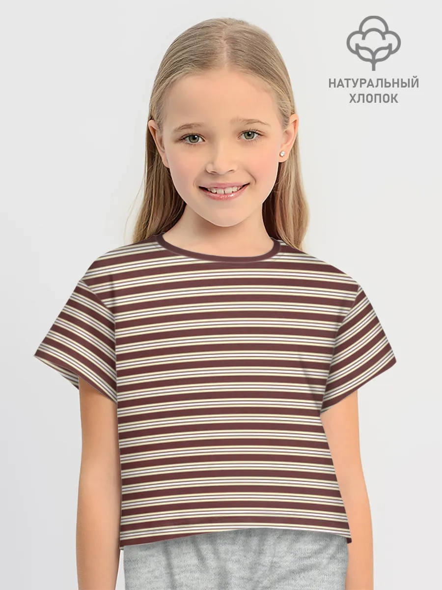 Футболка для девочки укороченная оверсайз хлопок / Полоска Ретро brown