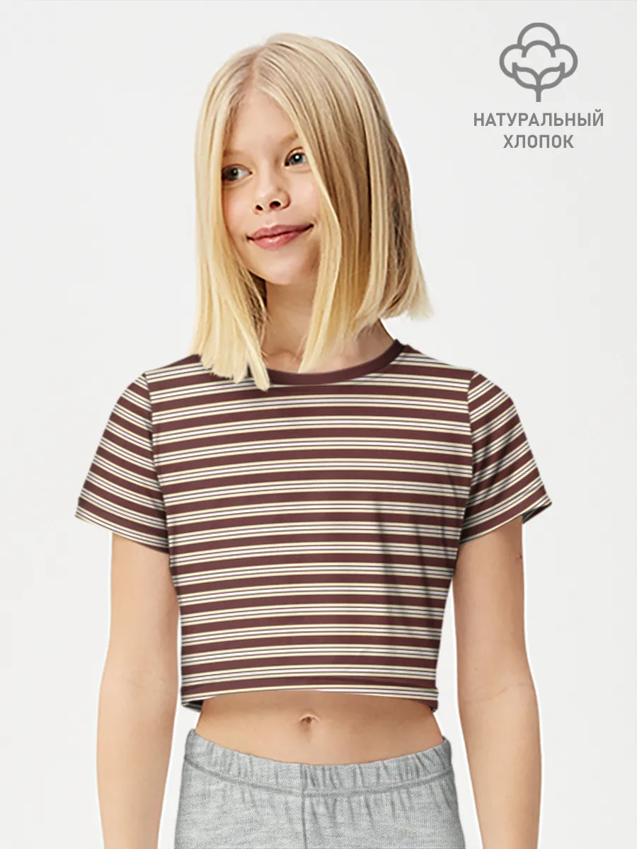 Футболка для девочки укороченная базовая хлопок / Полоска Ретро brown