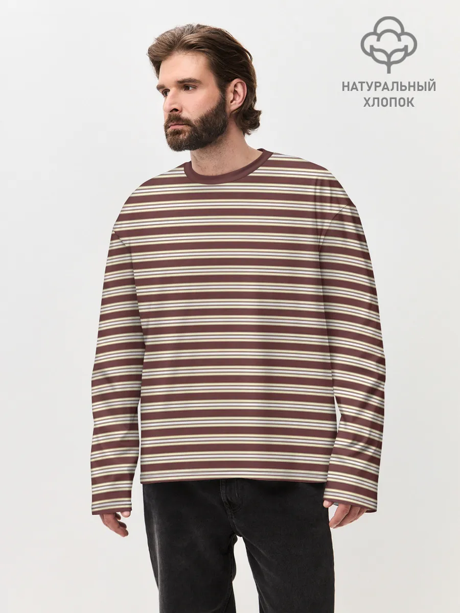 Мужской лонгслив оверсайз хлопок / Полоска Ретро brown