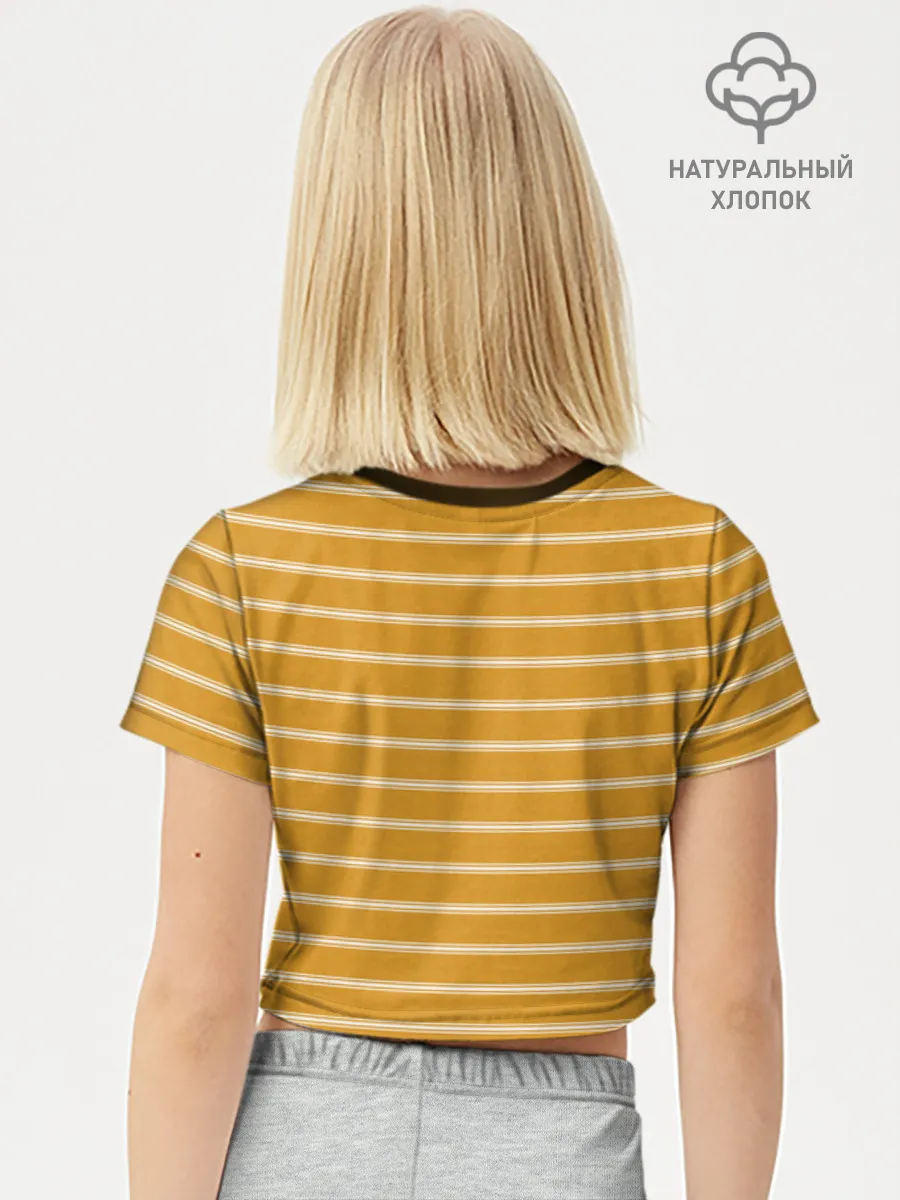 Футболка для девочки укороченная базовая хлопок / Полоска Ретро жёлтая
