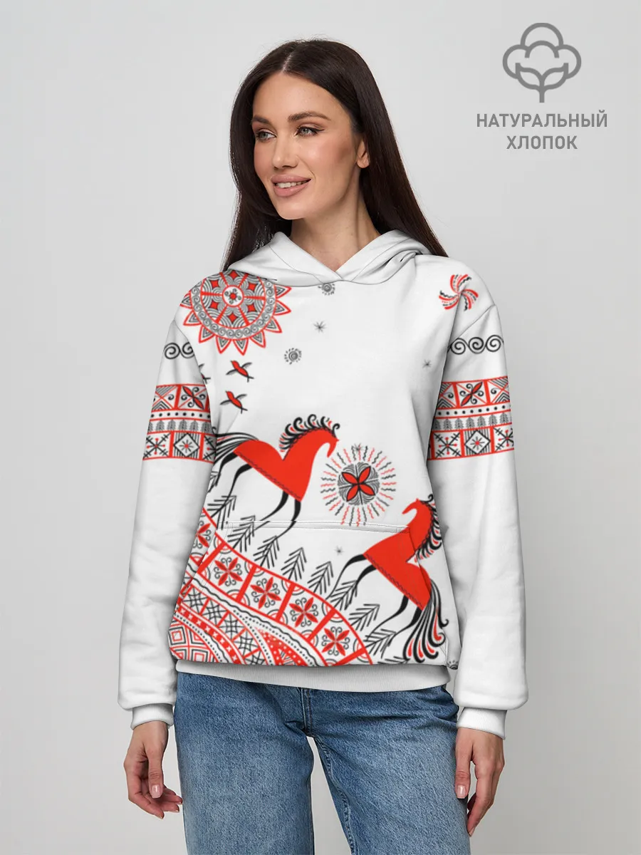 Худи женский база хлопок / Мезенская роспись Horse