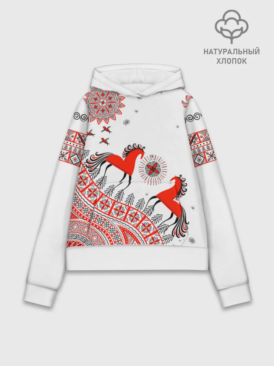 Худи женский база хлопок / Мезенская роспись Horse