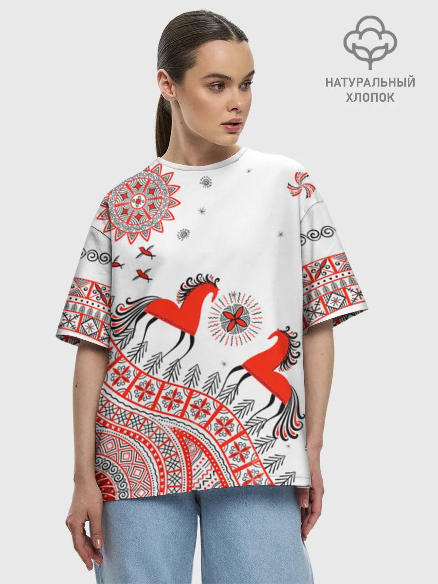 Женская футболка оверсайз хлопок / Мезенская роспись Horse