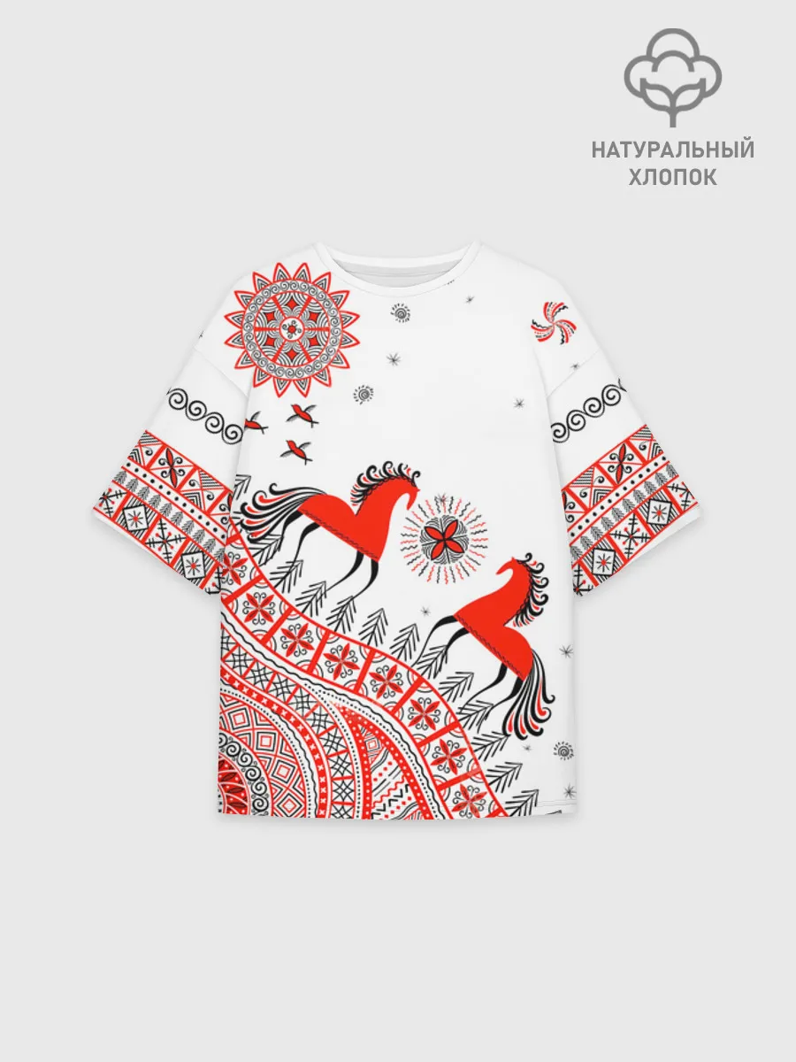 Женская футболка оверсайз хлопок / Мезенская роспись Horse