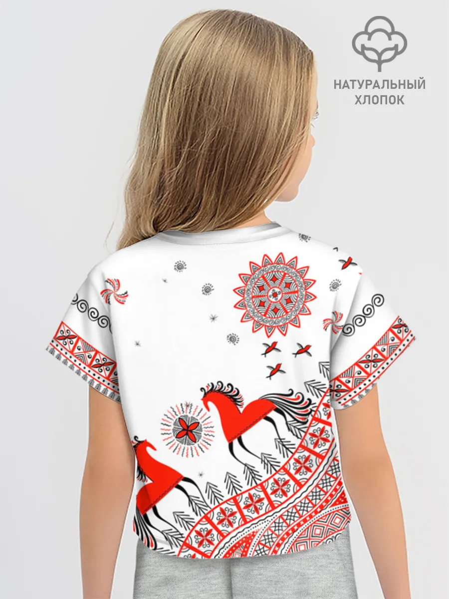 Футболка для девочки укороченная оверсайз хлопок / Мезенская роспись Horse Kids