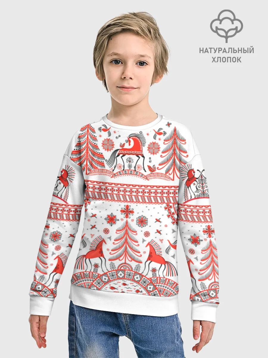 Детский свитшот хлопок / Мезенская роспись Horse kids