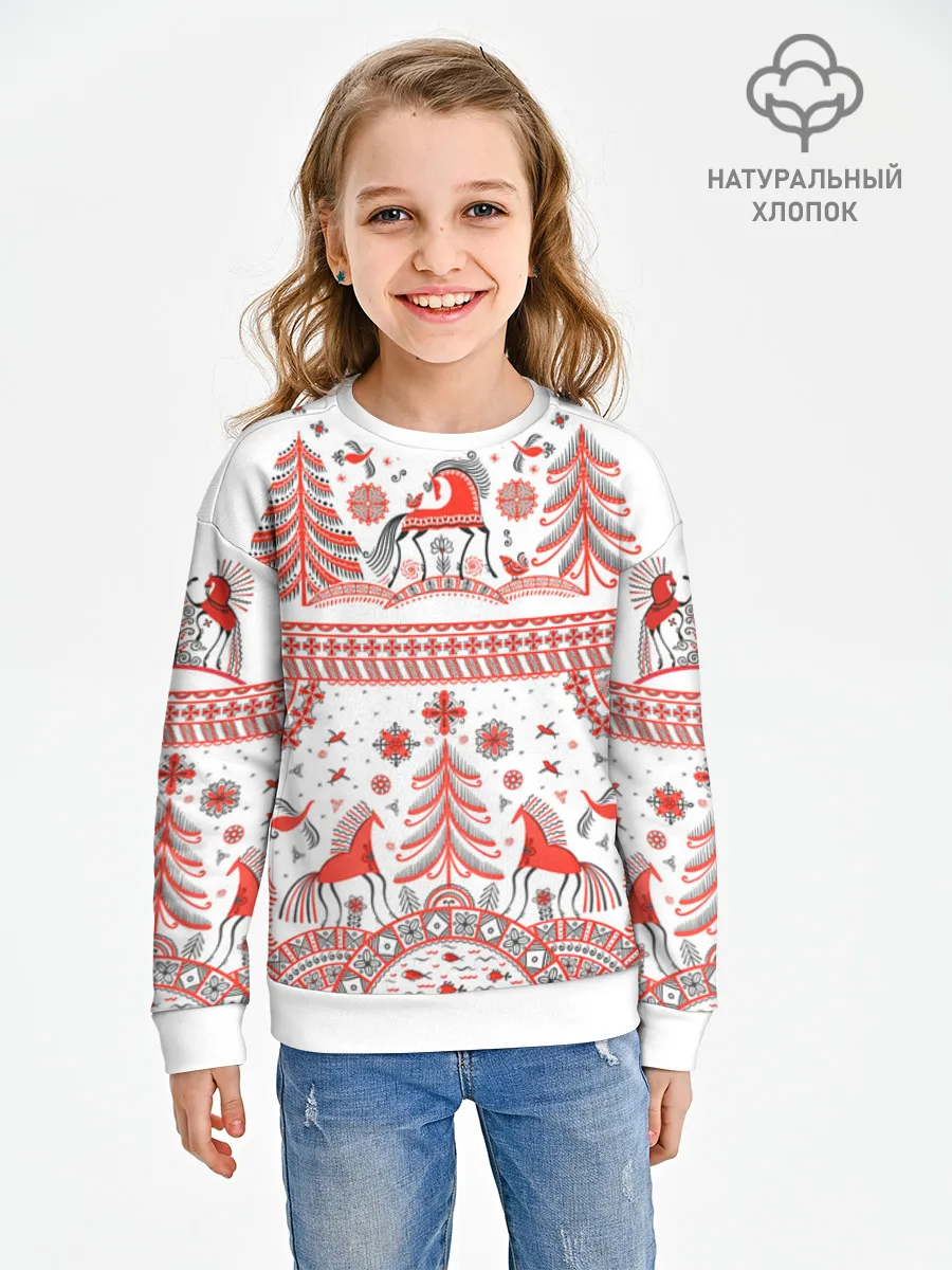 Детский свитшот хлопок / Мезенская роспись Horse kids