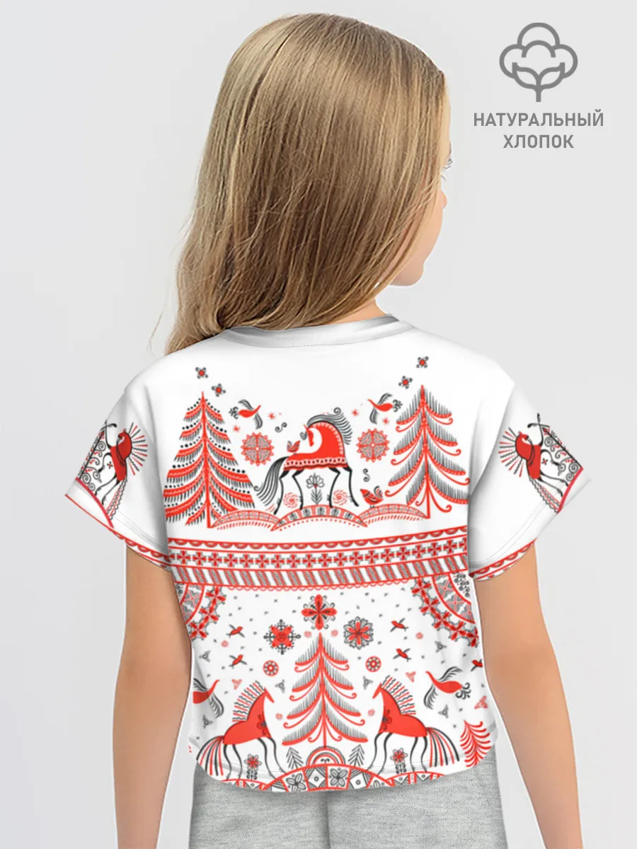 Футболка для девочки укороченная оверсайз хлопок / Мезенская роспись Horse kids
