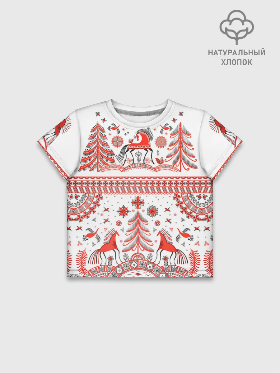 Футболка для девочки укороченная оверсайз хлопок / Мезенская роспись Horse kids