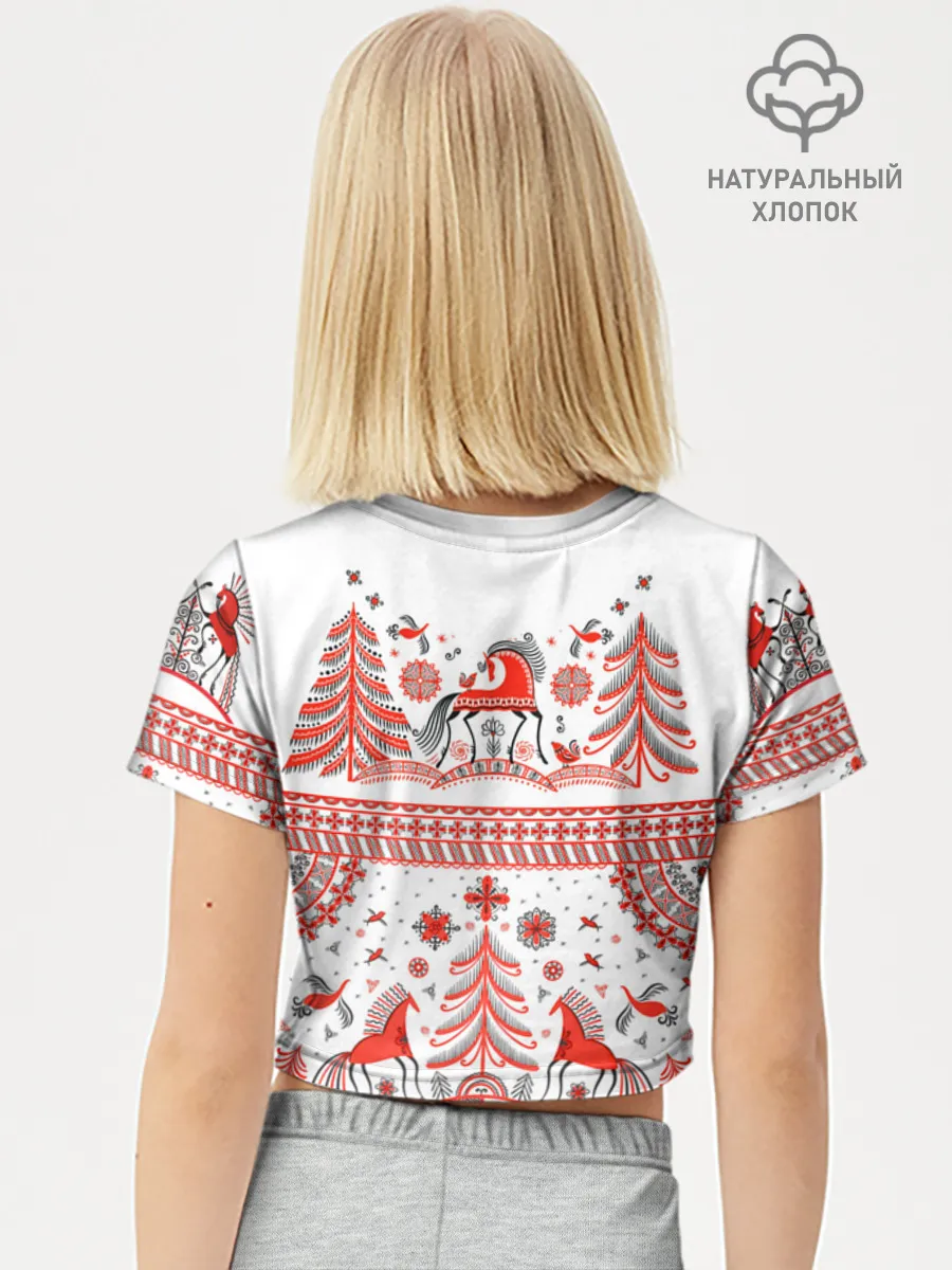 Футболка для девочки укороченная базовая хлопок / Мезенская роспись Horse kids
