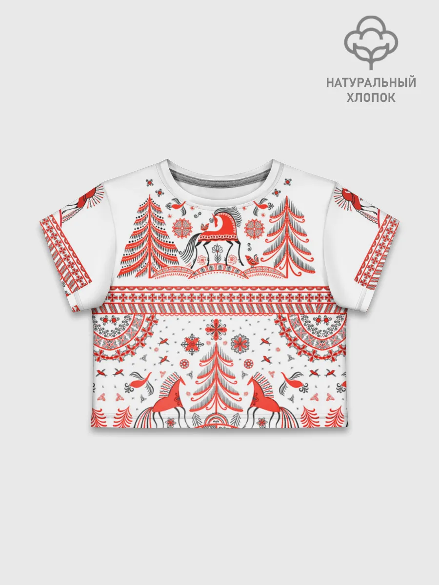 Футболка для девочки укороченная базовая хлопок / Мезенская роспись Horse kids
