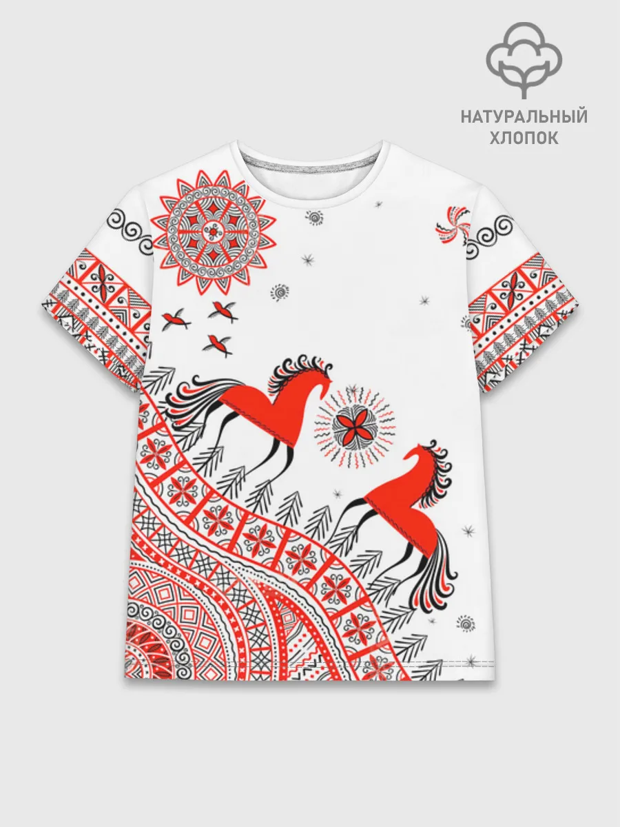 Женская базовая футболка хлопок / Мезенская роспись Horse