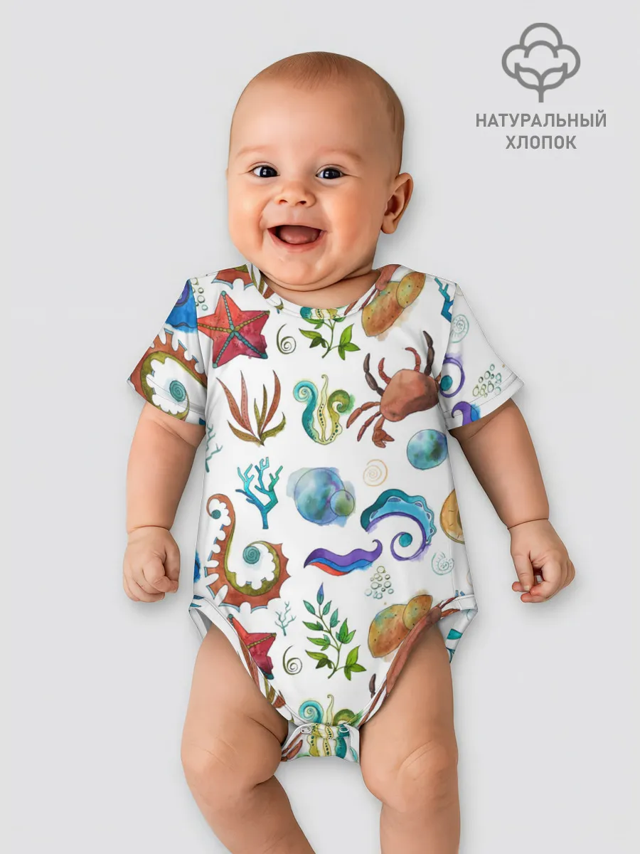 Детское боди / Морской паттерн с крабами и водорослями