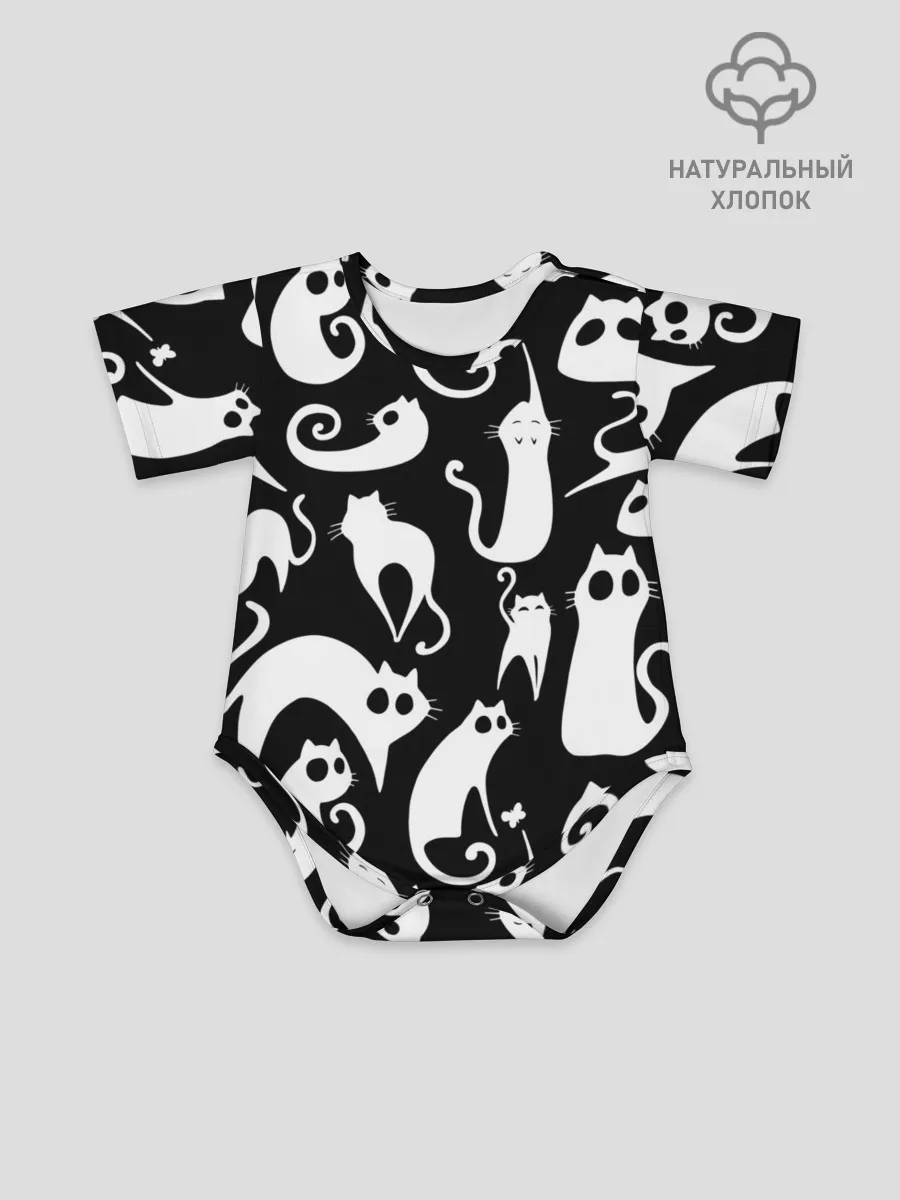 Детское боди / Белые коты на черном фоне