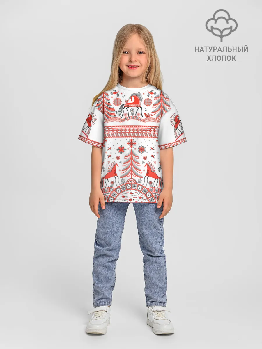 Детская футболка. Оверсайз / Мезенская роспись Horse kids